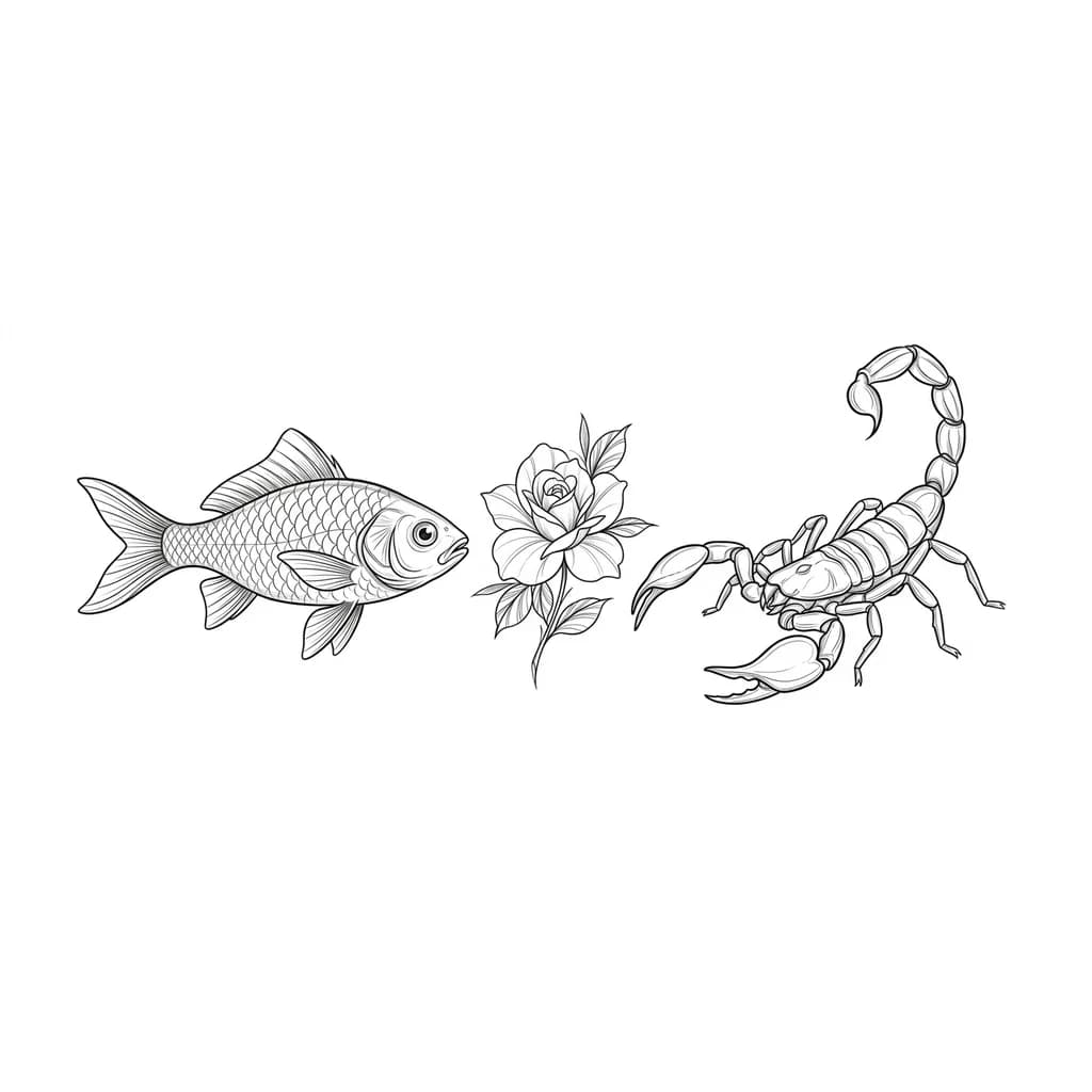 Тату эскиз: создай эскиз для татуировки где будут присутствовать графический рисунок рыбы и скорпиона. они находятся друг на против друга а между ними цветок. Сверху скорпиона
