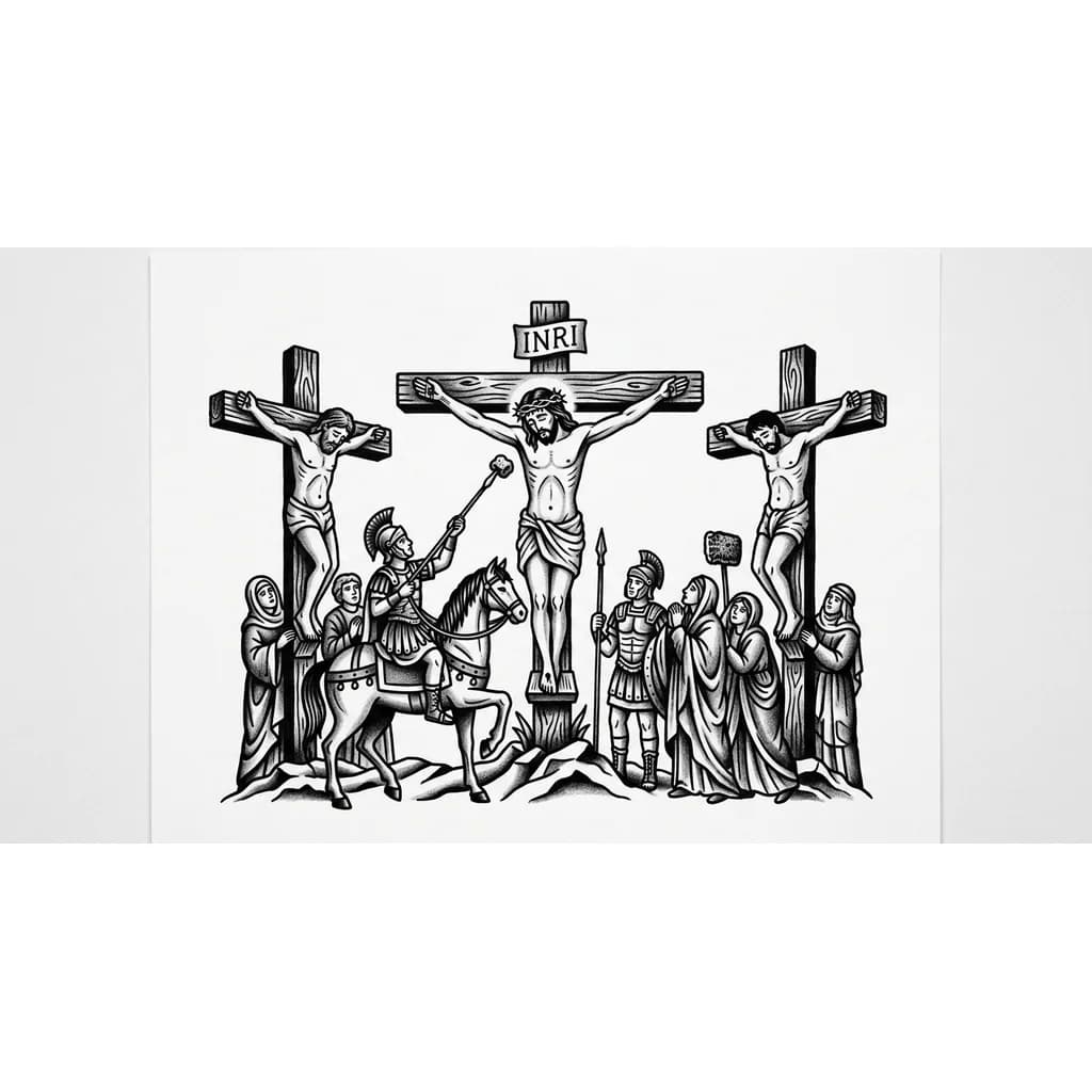 Тату эскиз:  Чёрная тату ,Три креста на них 3 человек по середине Иисус Христос , он в терновом венке , внизу ходял люди и войны один воен подает губгу на копье  