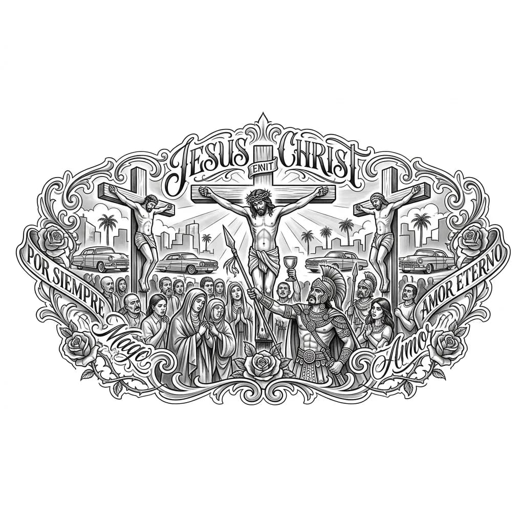 Тату эскиз:  Чёрная тату ,Три креста на них 3 человек по середине Иисус Христос , он в терновом венке , внизу ходял люди и войны один воен подает губгу на копье  