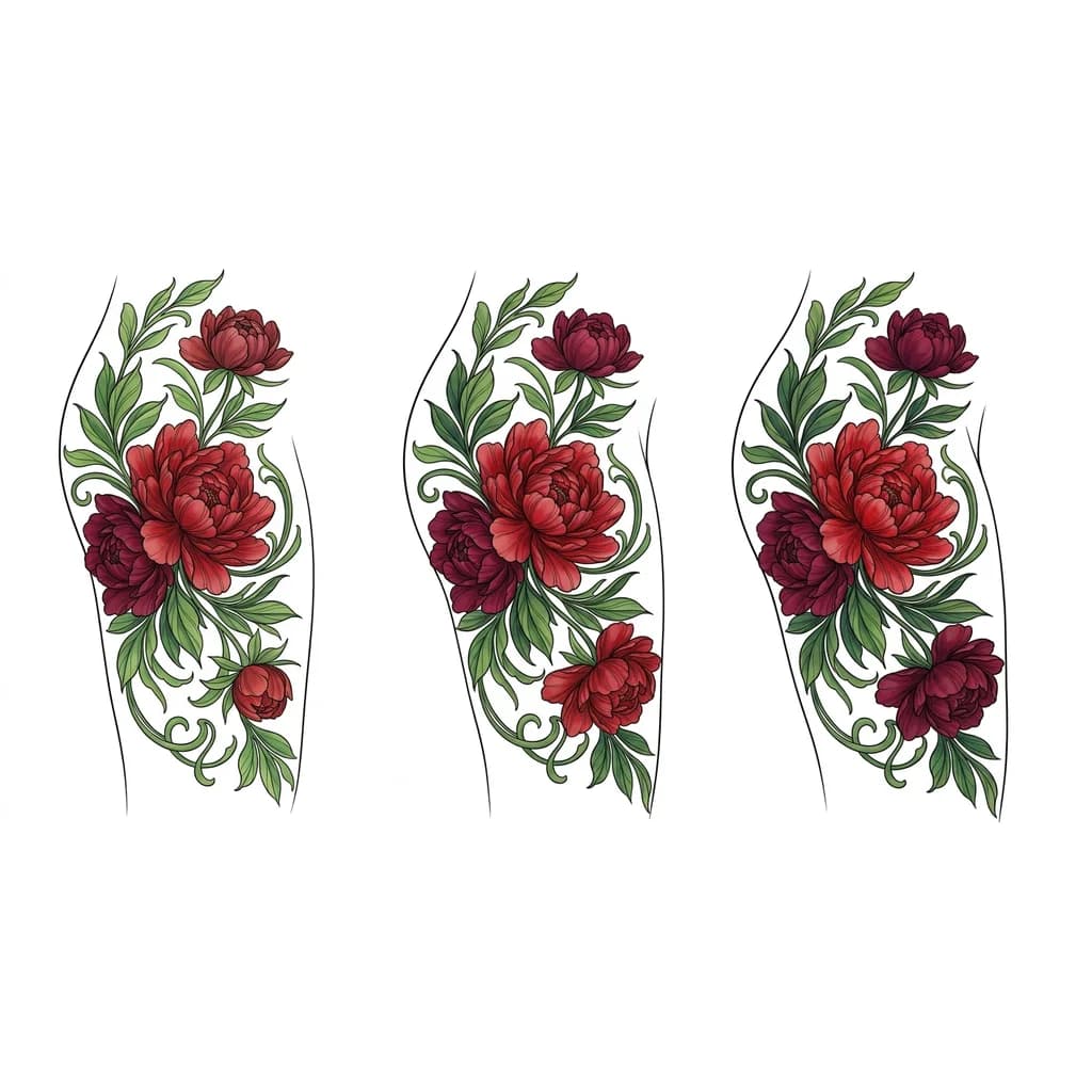 Тату эскиз: Эскиз татуировки: крупная композиция на всё бедро, пышные пионы в красных и бордовых оттенках, выразительные лепестки, много декоративных листьев, изящная динамичная форма по анатомии бедра, тату-эскиз в художественном стиле, высокая детализация, чистая композиция, контрастные линии, глубина, объём, без фона, белый фон
