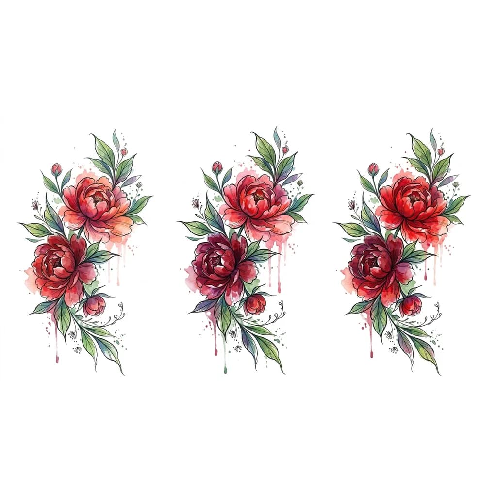 Тату эскиз: Эскиз татуировки: крупная композиция на всё бедро, пышные пионы в красных и бордовых оттенках, выразительные лепестки, много декоративных листьев, изящная динамичная форма по анатомии бедра, тату-эскиз в художественном стиле, высокая детализация, чистая композиция, контрастные линии, глубина, объём, без фона, белый фон