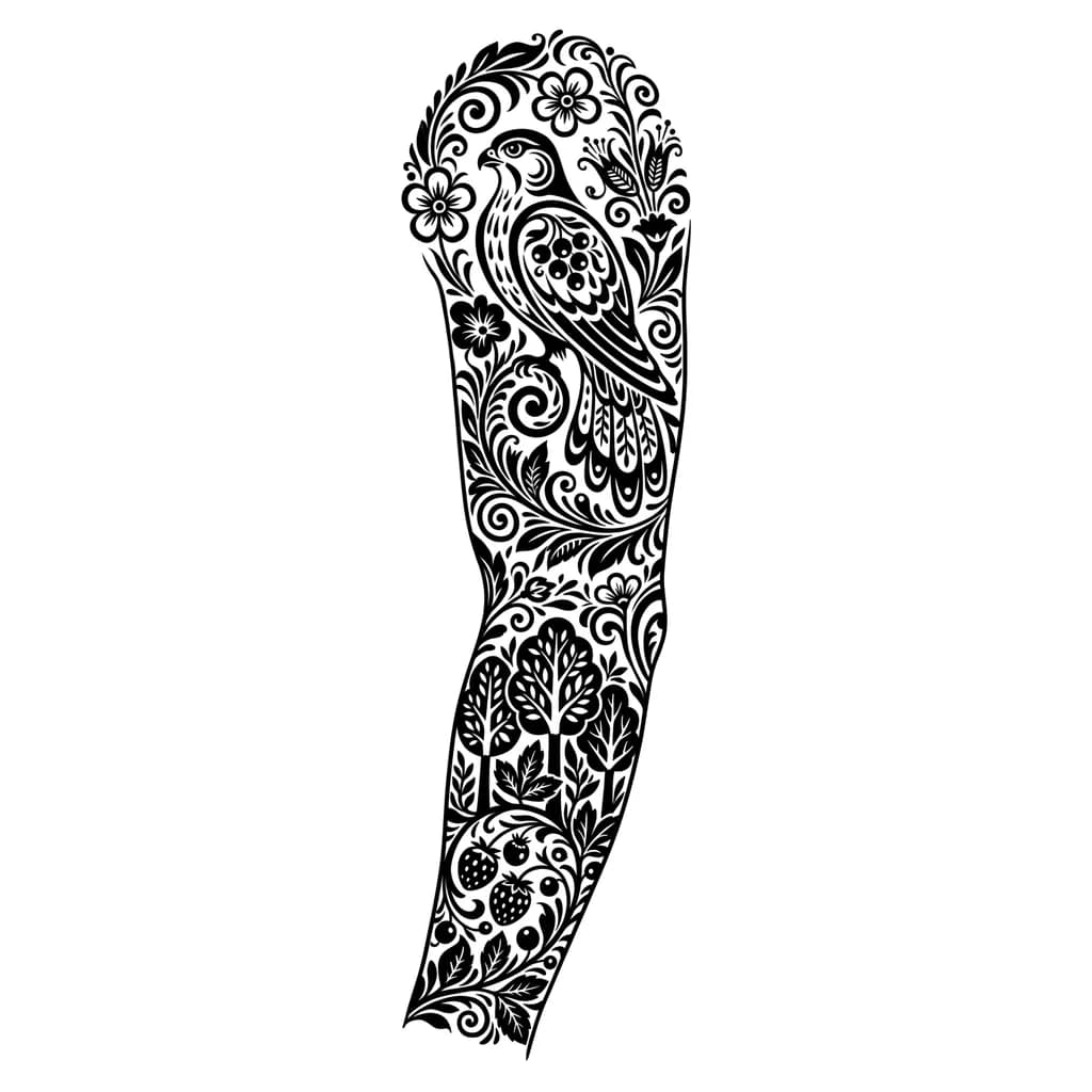 Тату эскиз: Тату эскиз, черно-белый, рукав на всю руку, стиль Хохлома, сверху сокол в стиле Хохлома окружённый узорами, снизу лес так же в стиле хохлома