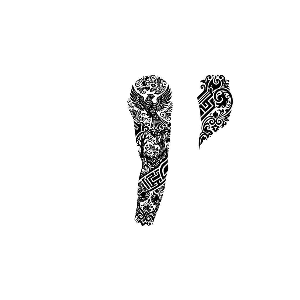 Тату эскиз: Тату эскиз, черно-белый, рукав на всю руку, стиль Хохлома, сверху сокол в стиле Хохлома окружённый узорами, снизу лес так же в стиле хохлома