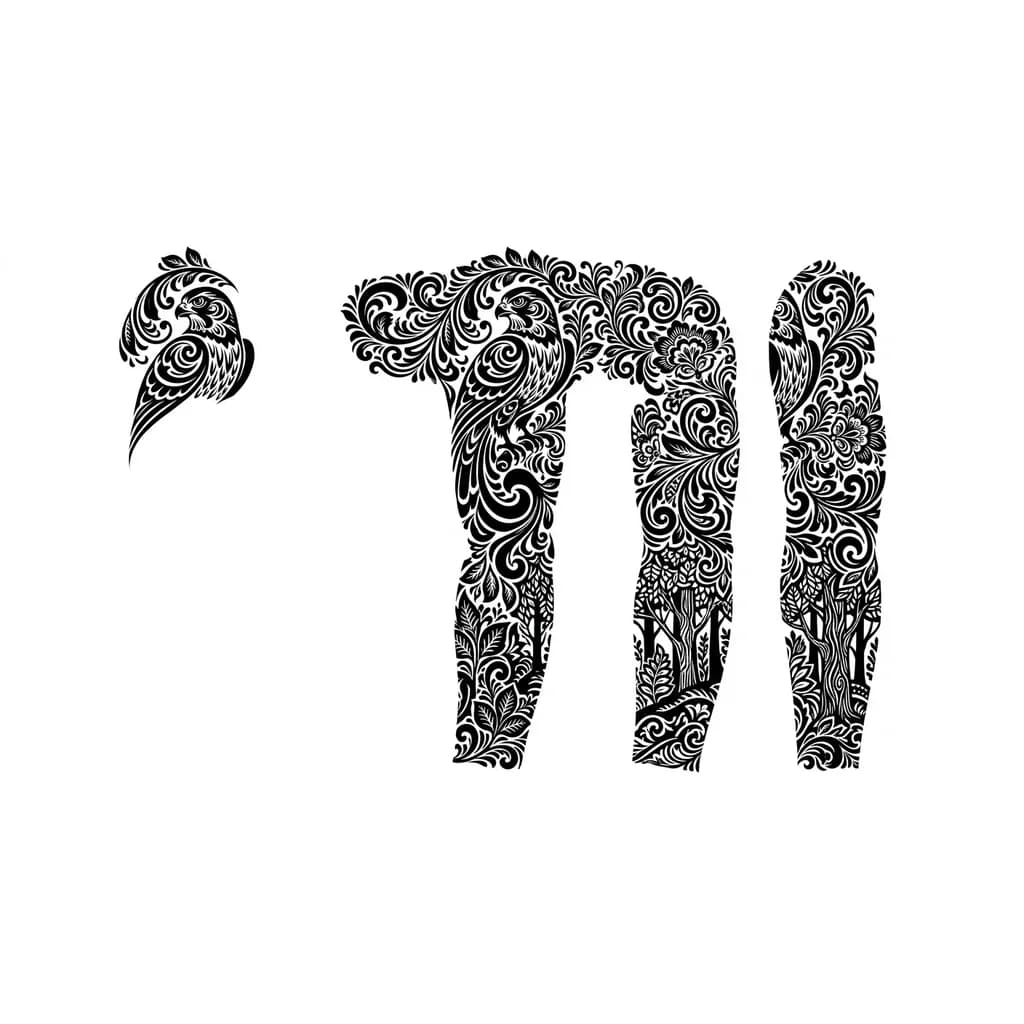 Тату эскиз: Тату эскиз, стиль Хохлома, сверху сокол в стиле Хохлома окружённый узорами, снизу лес так же в стиле Хохлома, в хохломе не должно быть ягод