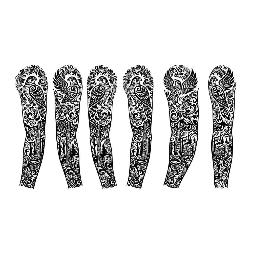 Тату эскиз: Тату эскиз, стиль Хохлома, сверху сокол в стиле Хохлома окружённый узорами, снизу лес так же в стиле Хохлома, в хохломе не должно быть ягод