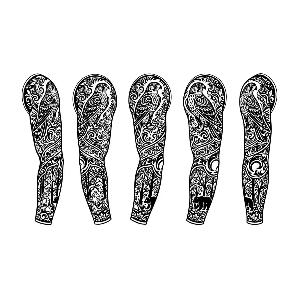 Тату эскиз: Тату эскиз, стиль Хохлома, сверху сокол в стиле Хохлома окружённый узорами, снизу лес так же в стиле Хохлома, в хохломе не должно быть ягод