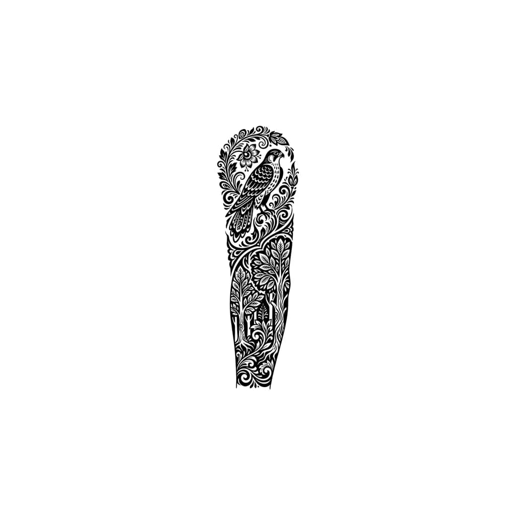 Тату эскиз: Тату эскиз, стиль Хохлома, сверху сокол в стиле Хохлома окружённый узорами, снизу лес так же в стиле Хохлома, в хохломе не должно быть ягод