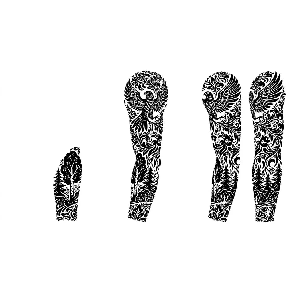 Тату эскиз: Тату эскиз, стиль Хохлома, сверху сокол в стиле Хохлома окружённый узорами, снизу лес так же в стиле Хохлома, в хохломе не должно быть ягод