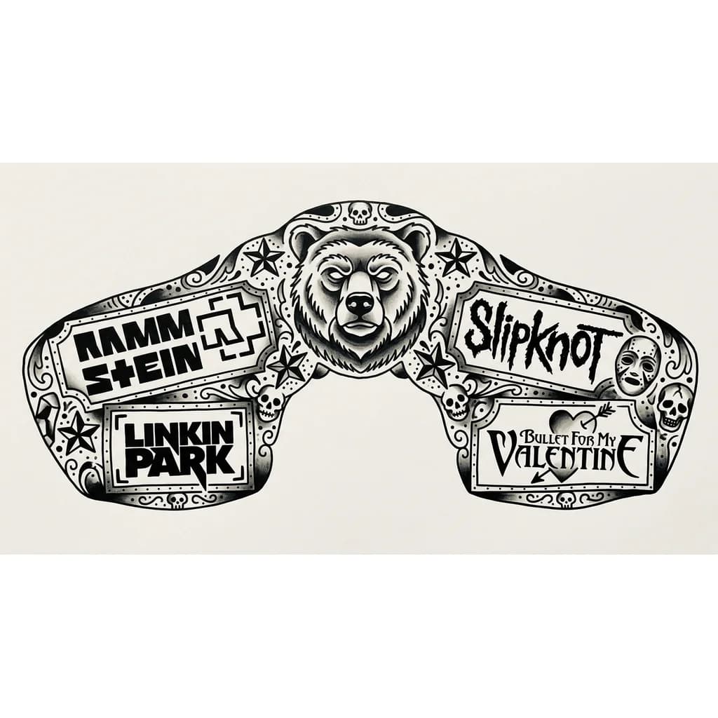 Тату эскиз: хочу рукав на тему рока,дэткора. Главным должен будет быть alex terrible в маске grizzly. так же хотелось бы чтобы были группы Rammstein, linkin park, slipknot, bullet for my valentine 
