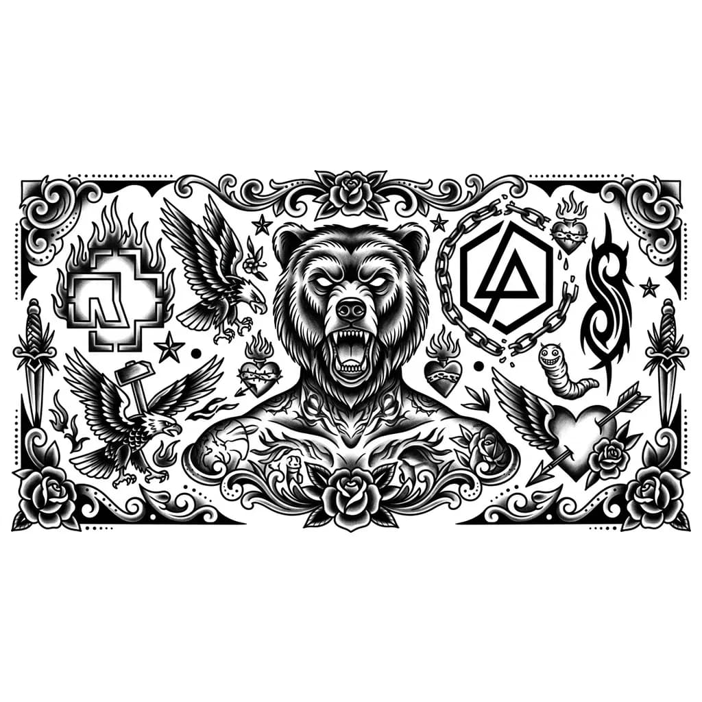 Тату эскиз: хочу рукав на тему рока,дэткора. Главным должен будет быть alex terrible в маске grizzly. так же хотелось бы чтобы были группы Rammstein, linkin park, slipknot, bullet for my valentine 