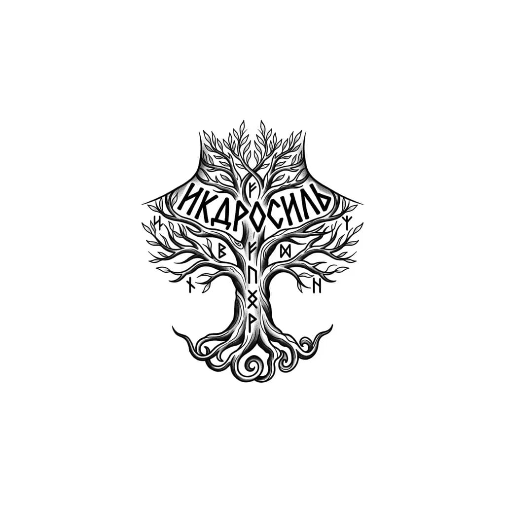 Тату эскиз: Создай эскиз тату в верхней части спины, это будет дерево Икдросиль с рунами, что бы ветви доходили и были на спине и шее 