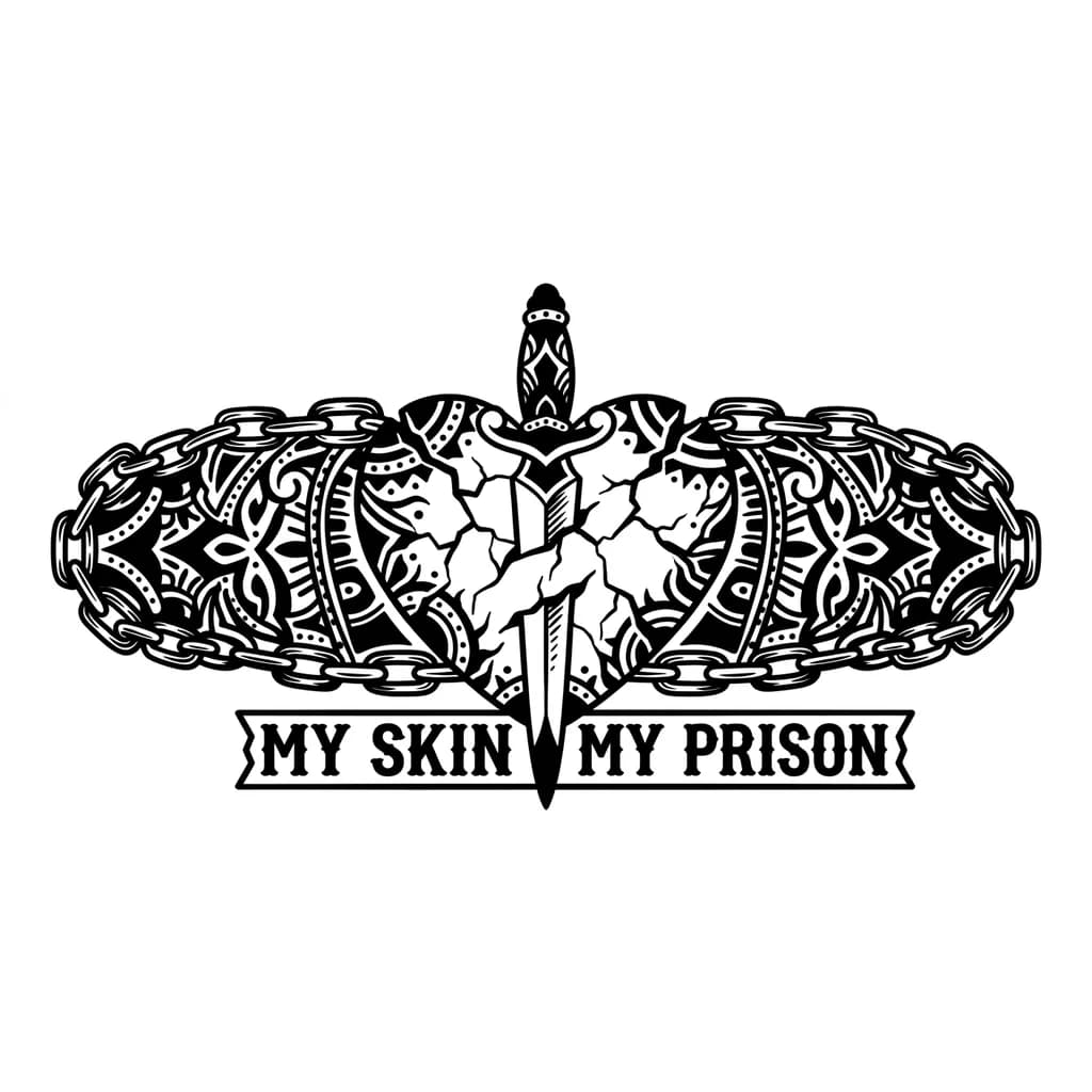 Тату эскиз: Привет я хочу тату на внутреннюю сторону предплечья со смыслом мой смысл заключается в том что я вечный узник своей болезни псориаз и можешь создать фото эскиза в стили old skull что б было
Сердце = я сам
Трещины = болезнь
Цепь = плен
Кинжал = боль и борьба
Надпись снизу - MY SKIN MY PRISON