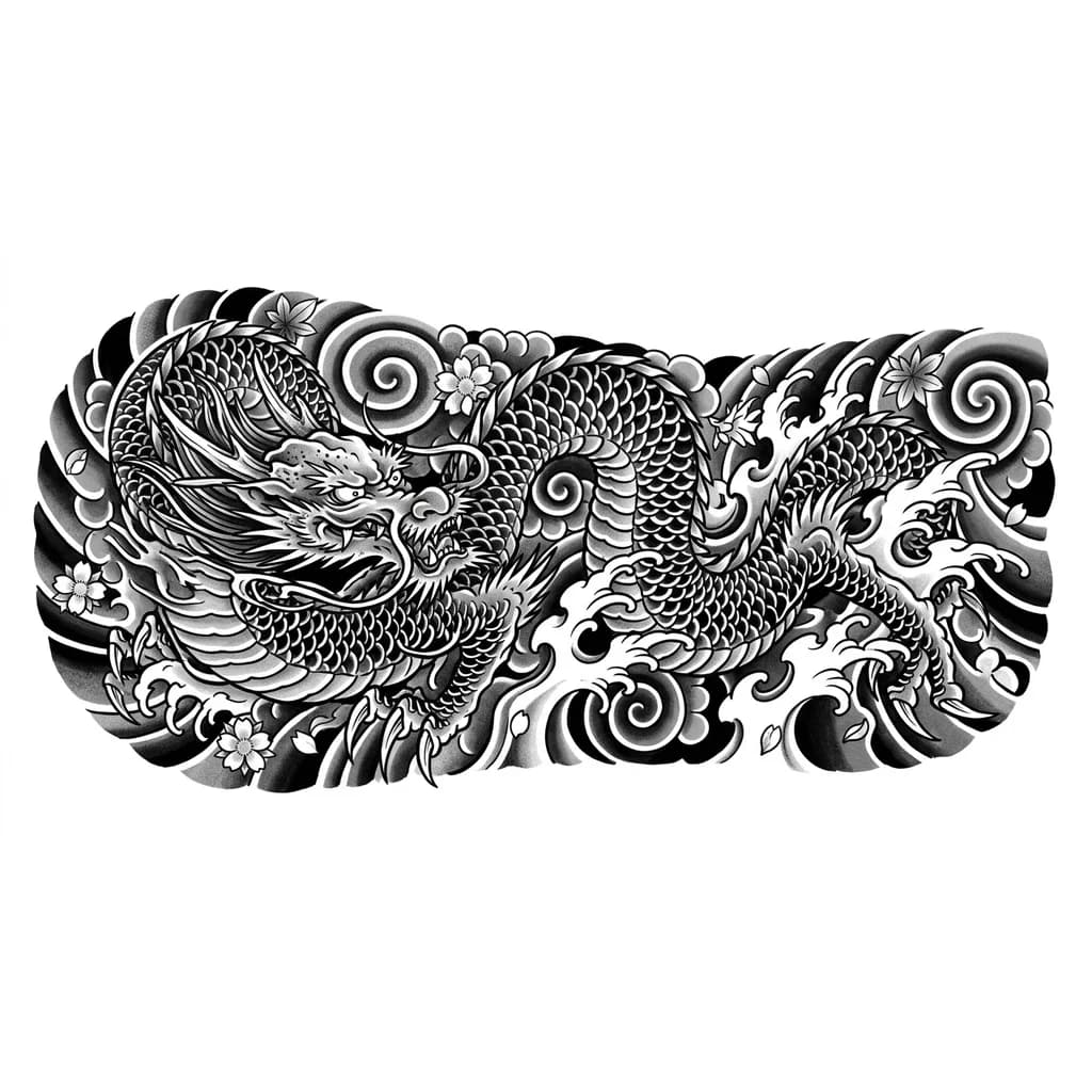 Тату эскиз: Японский дракон на всю руку
