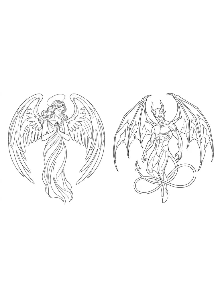 Тату эскиз: 
На правой икре крупным планом изображён ангел 
На левой ноге крупным планом изображён демон 