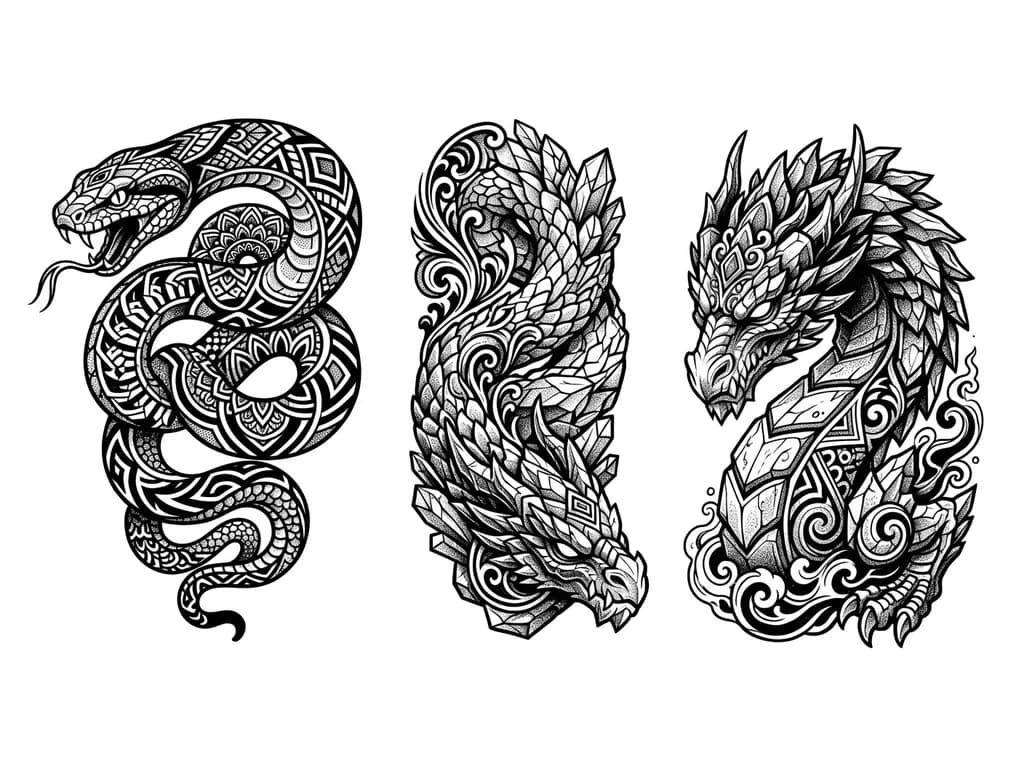 Тату эскиз: Питон переходящий в каменного дракона 