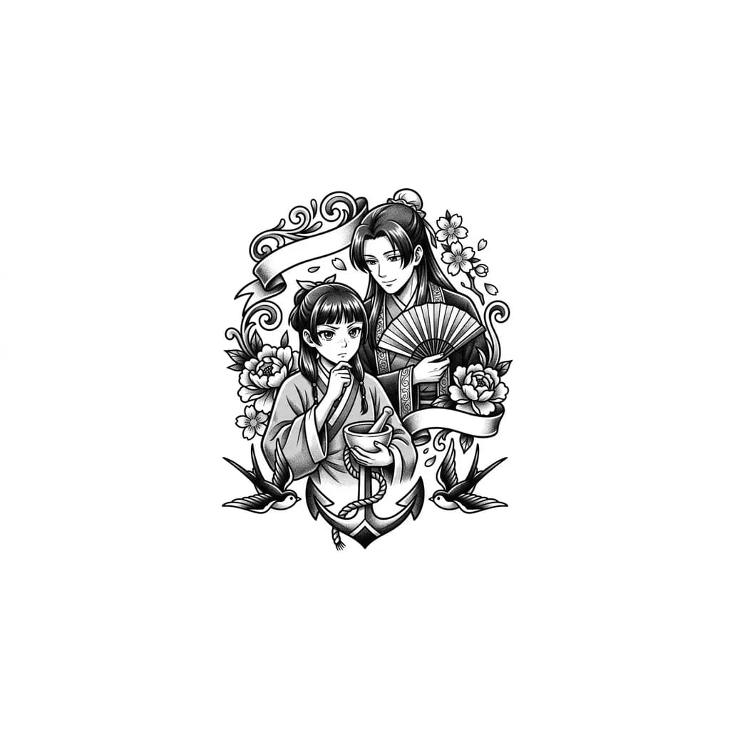 Тату эскиз: Парное тату Мао Мао и Женьши из монолог фармацевта аниме