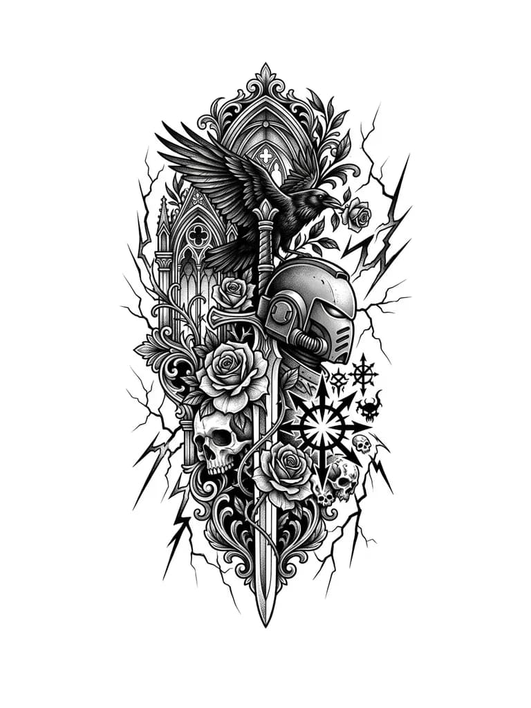 Тату эскиз: вертикальный меч с одной стороны шлем серого рыцаря из вахраммер 40000 вид сбоку а с другой знаки хаоса и черепа все это окружаеют молнии