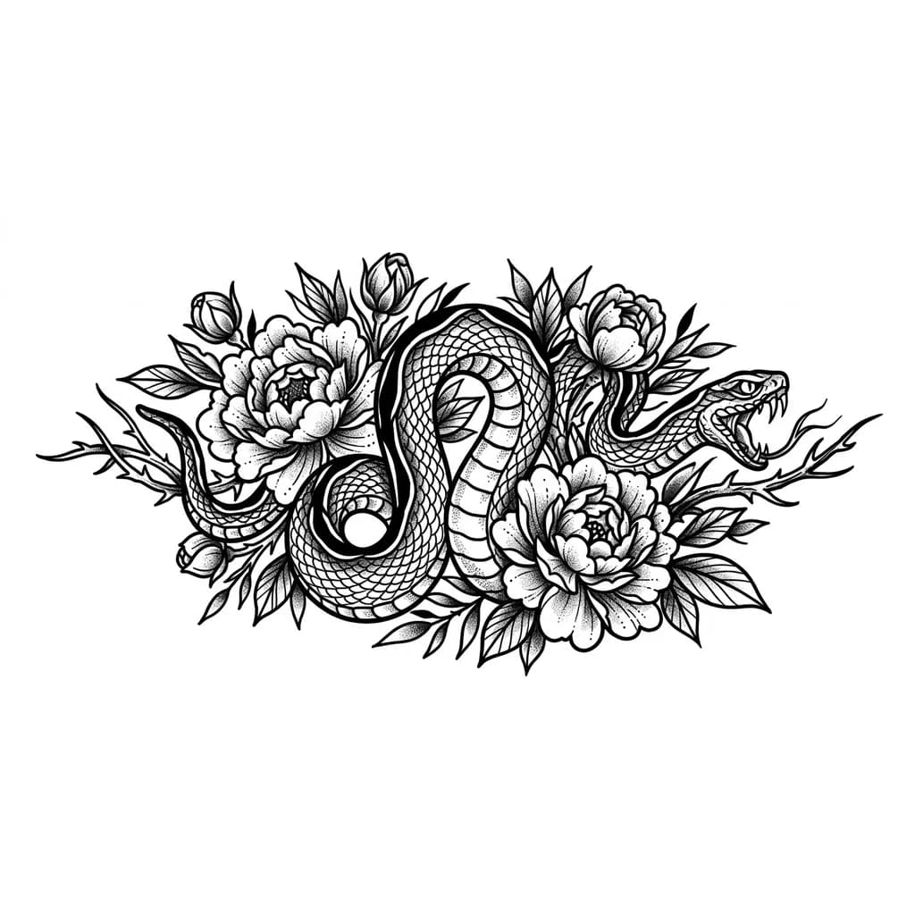 Тату эскиз: Тату на бедро, сползающая змея, извивающая между пионами