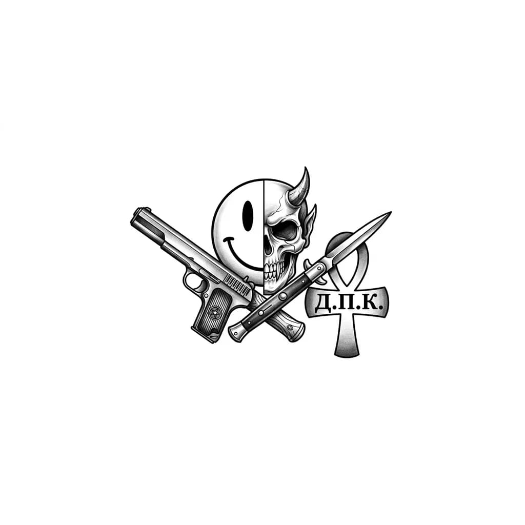 Тату эскиз: Полу смайлик - полу череп демон.
С перекркщеным пистолетом ТТ и стилетом. Крест жизни с аривеатурой Д.П.К.