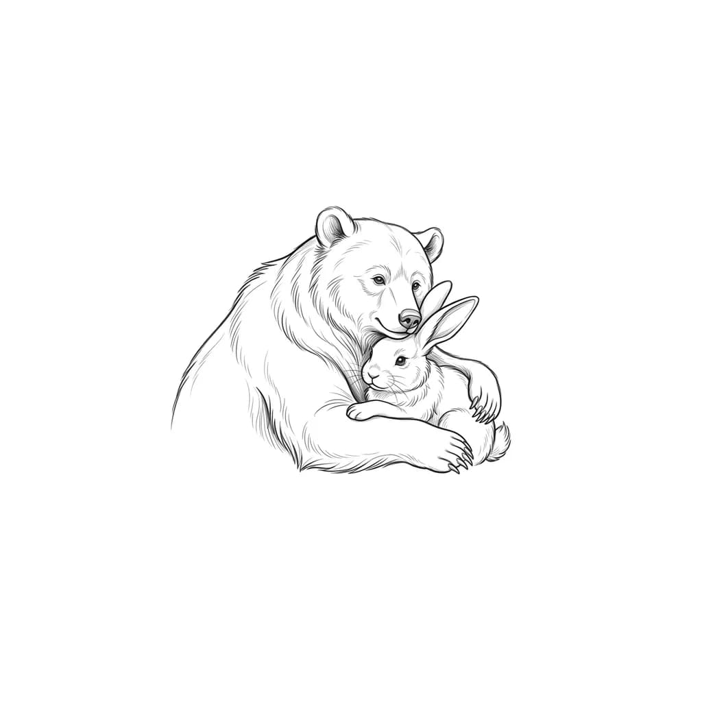 Тату эскиз: медведь в обнимку с зайцем, более детально
