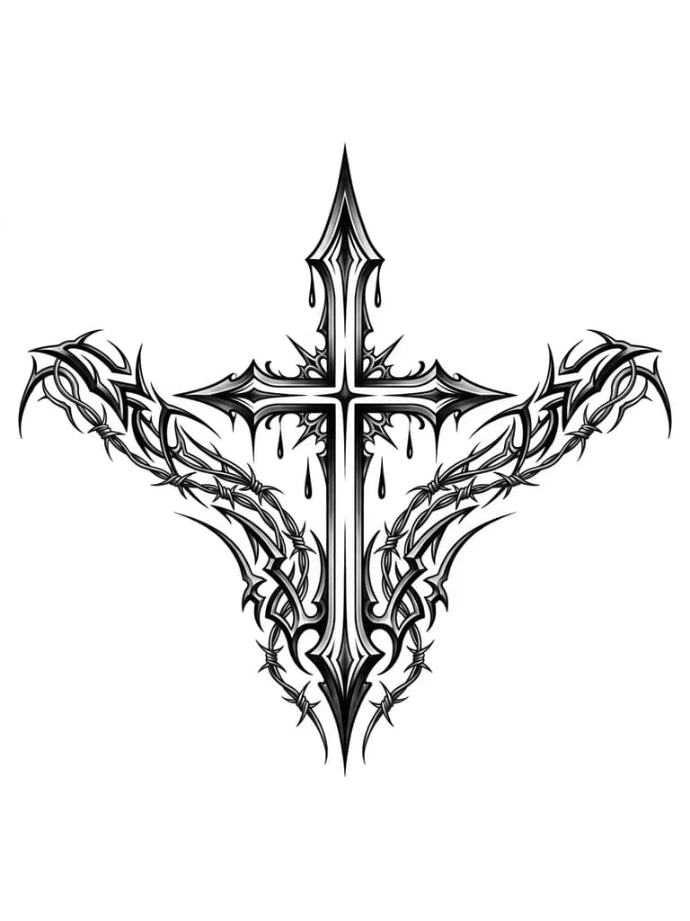 Тату эскиз: массивный готический крест (вытянутый вверх, с заострённой верхней частью и декоративными элементами — например, стилизованными каплями или шипами);
линии креста чёткие, жирные, с эффектом «кованого металла»;
цвет — глубокий чёрный, возможны серые тени для объёма.
колючая проволока исходит от основания креста (нижнего конца); разделяется на два потока, которые симметрично обвивают плечи и верхнюю часть трапециевидных мышц
