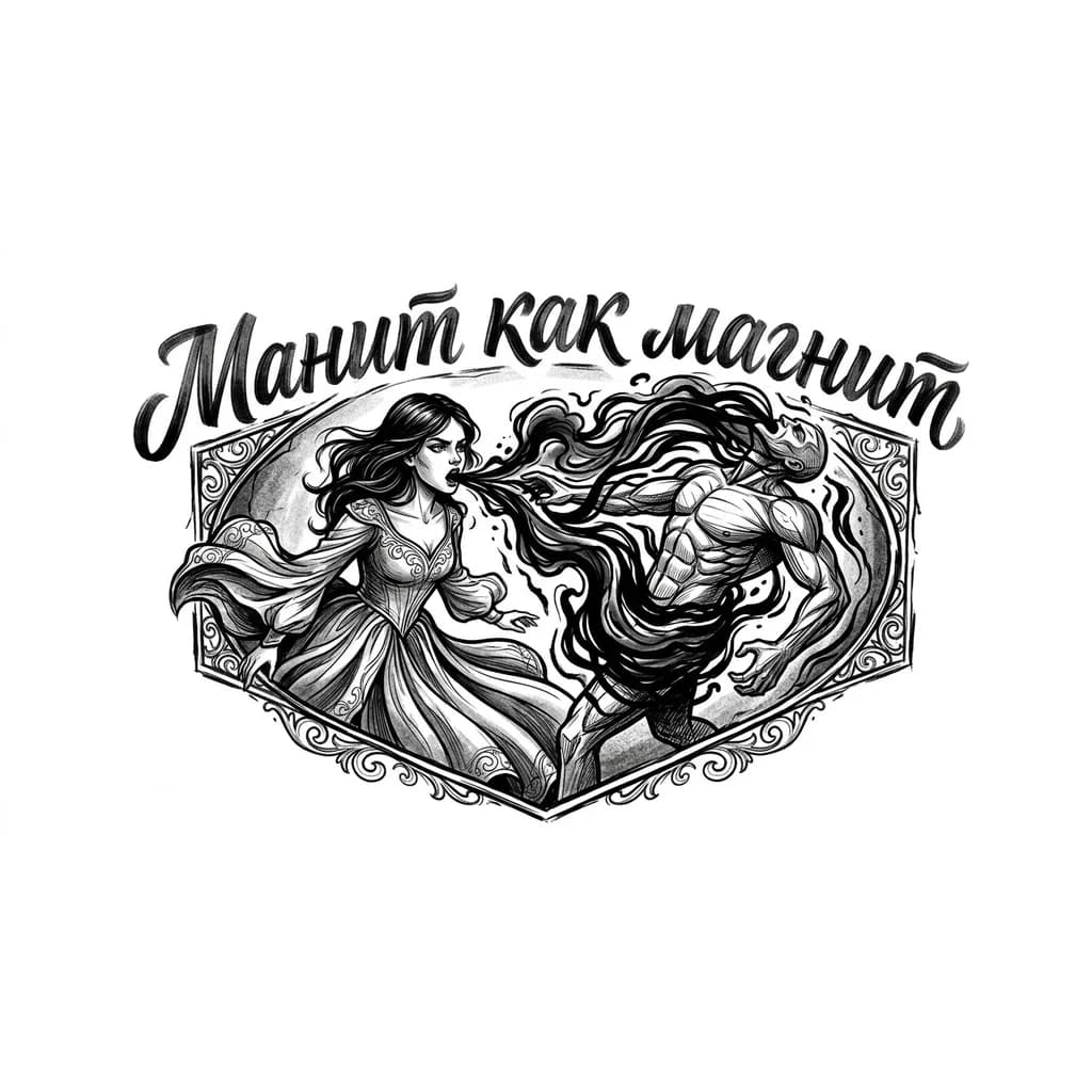 Тату эскиз: красивая девушка извергает черную субстанцию которая окутала накаченного 2д парня