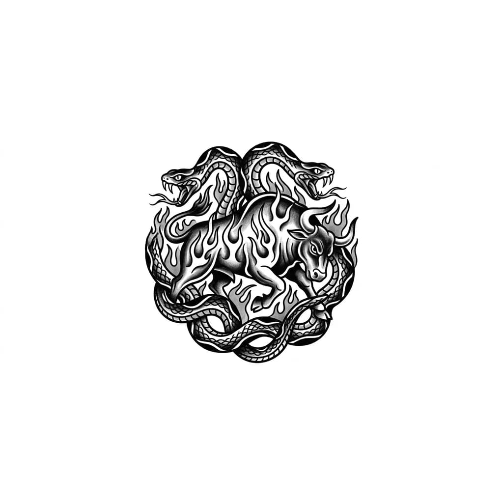Тату эскиз: Две змеи обвивают огненного быка 