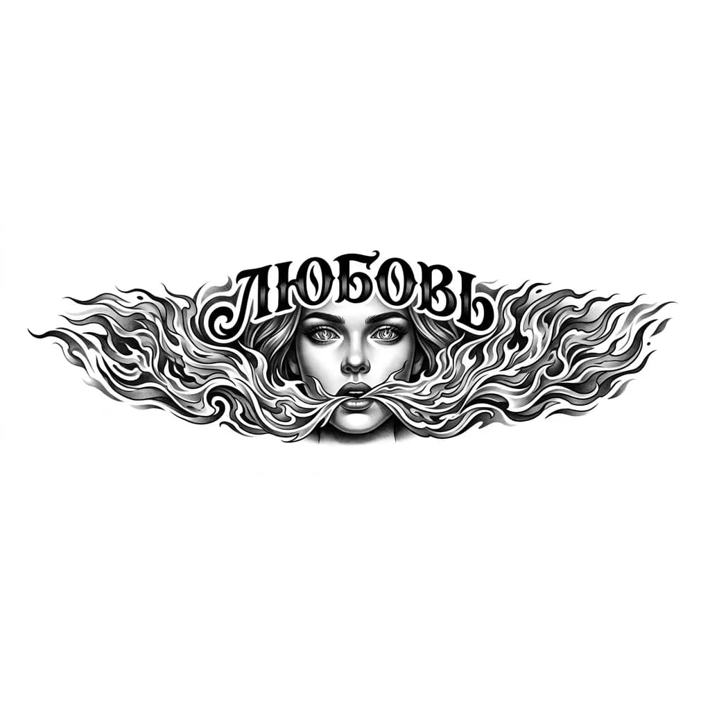 Тату эскиз: красивая девушка с горящими глазами извергает огненную субстанцию