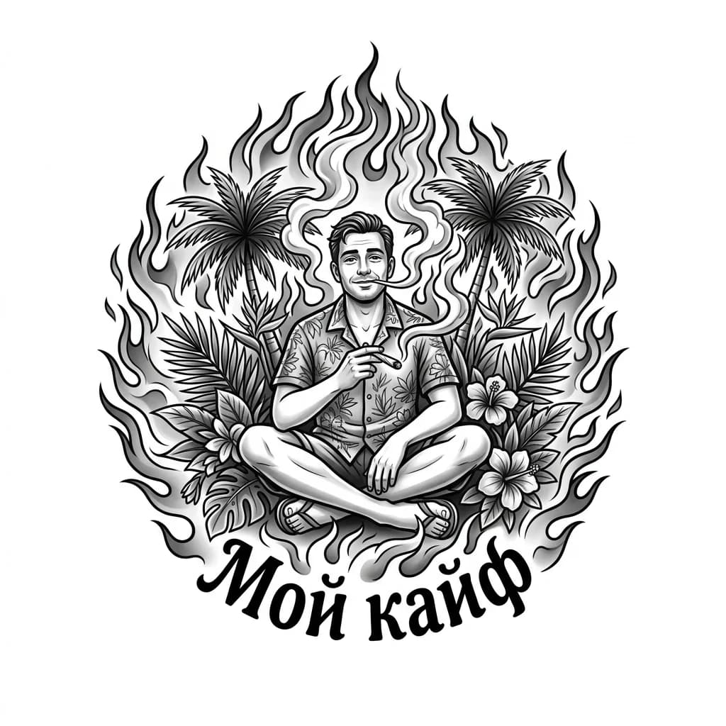 Тату эскиз: чувак с косяком в раю в энергии пламя