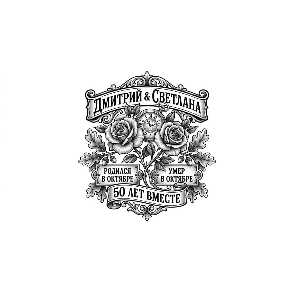 Тату эскиз: Клиновый лист, родились в октябре и умерли в октябре, 50 лет вместе Дмитрий Светлана

