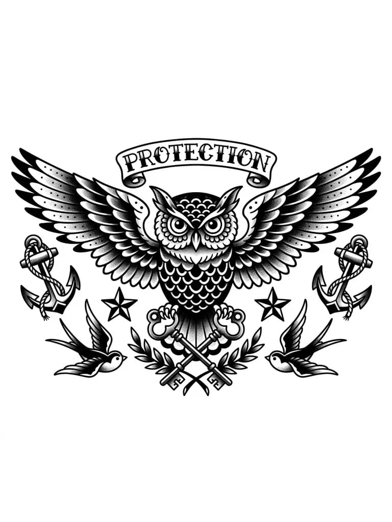 Тату эскиз: Создай тату олицетворяющую защиту , в центре сова