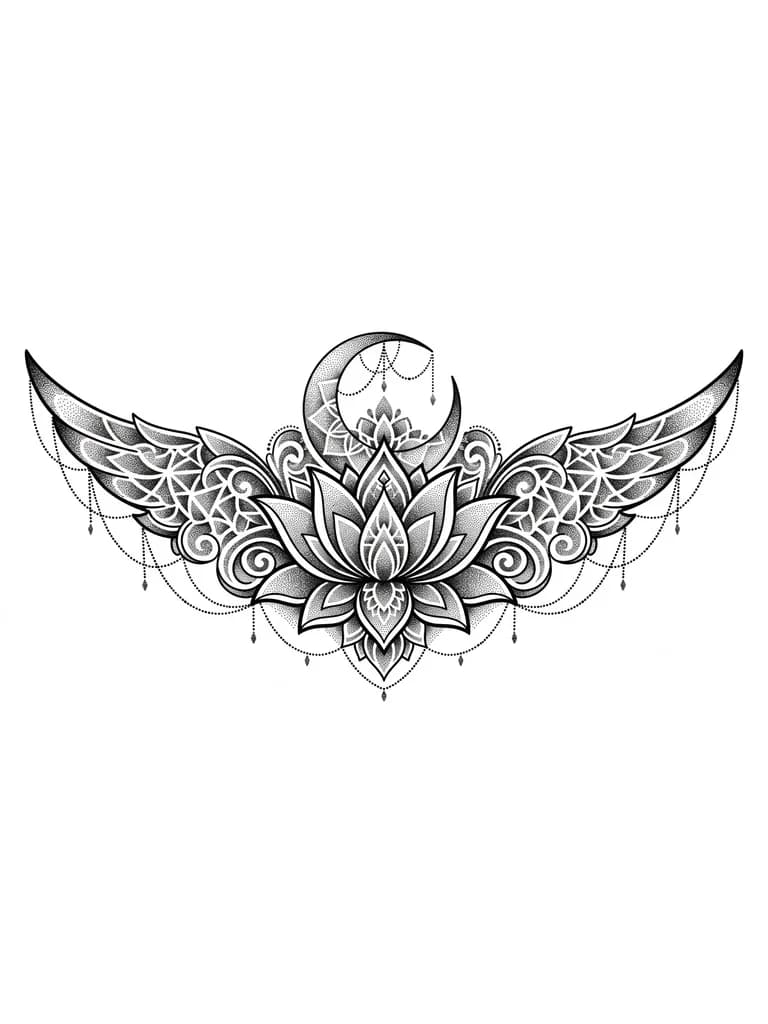 Тату эскиз: Лотос, полумесяц