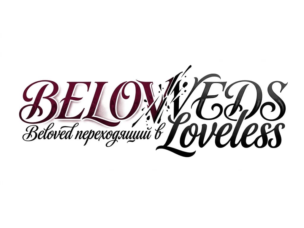 Тату эскиз: Горизонтальный эскиза (вдоль ключицы или ребер):
Слово «BELOVED» читается слева направо. Буквы плавные, с засечками.
В середине происходит зеркальная трансформация: Первая часть мягкая, возможны тени или узоры. Ровно на букве «V» стиль ломается: линии становятся острыми, «битые» фрагменты, капли. Конечная «D» плавно превращается в две «S» («less»).

Контраст за счет визуальных эффектов:
Цвет: «Beloved» бордовый, «Loveless» чёрный. 
