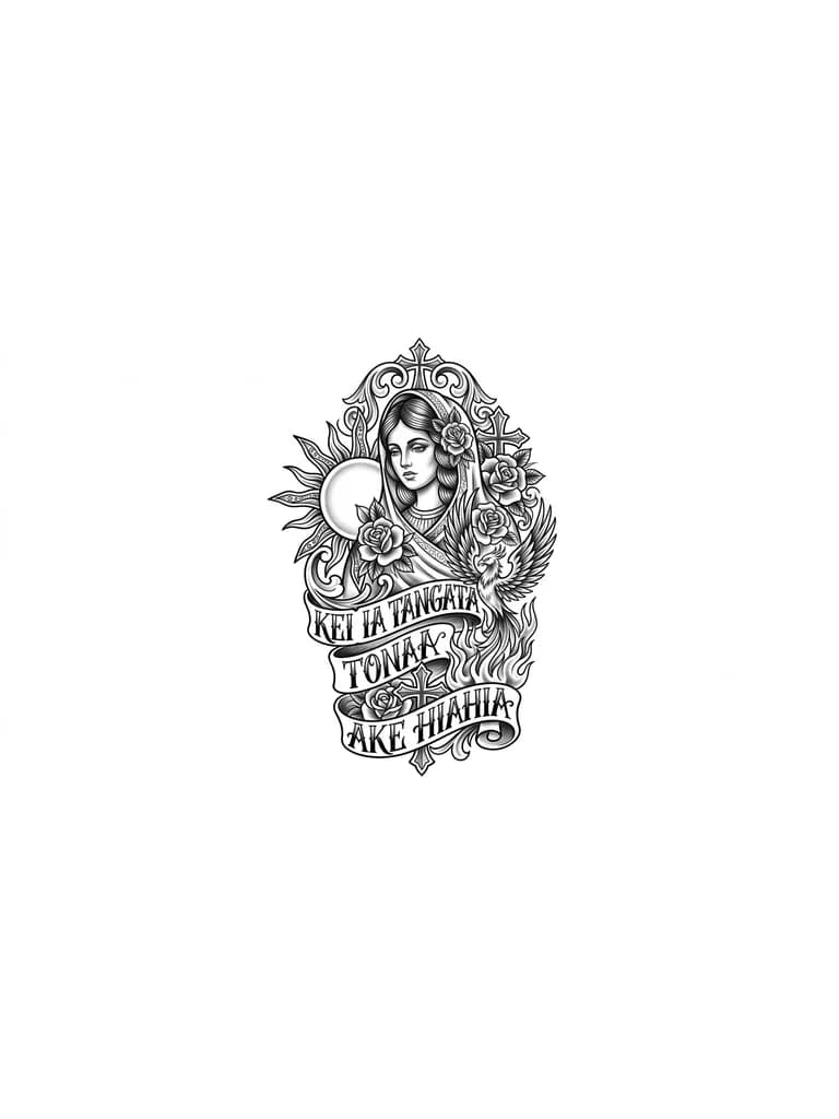 Тату эскиз: Девушка, птица, огонь, солнце