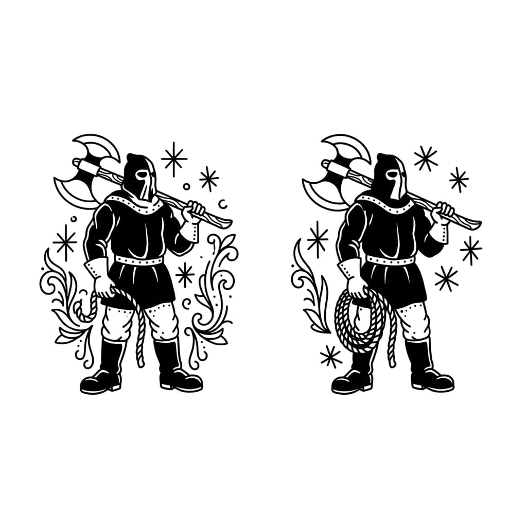 Тату эскиз: палач черно-белый в стиле олдскул без теней 