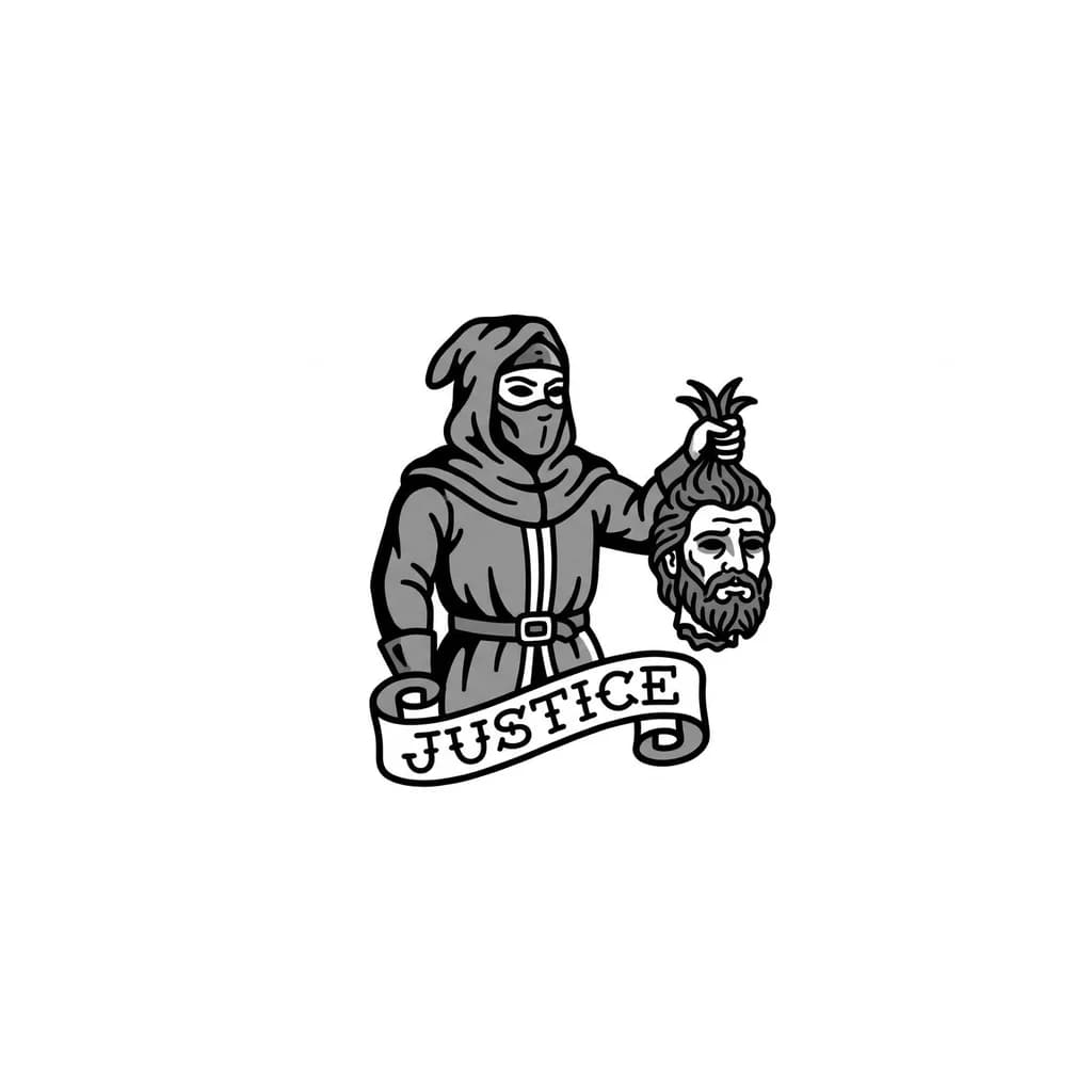 Тату эскиз: Палач в руках держащих голову, черной белый, без теней