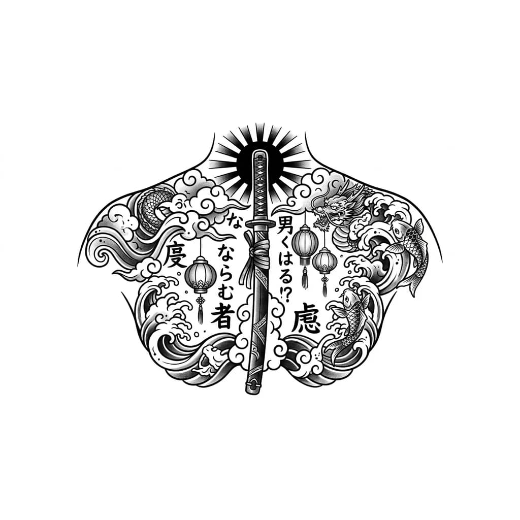 Тату эскиз: Татуировка на всю спину не заходящая на плечи и бедра. Центральная композиция-меч на весь позвоночник и японское солнце на шее. Вокруг иероглифы и китайские фонарики, добавь что-нибудь от себя. Композиция не должна быть перегружена и плотной