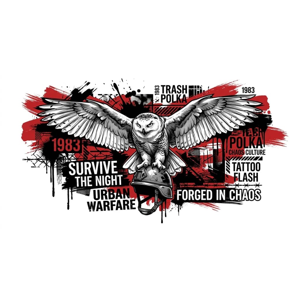 Тату эскиз: полярная сова раскрыв крлья хижно хватает военную каску