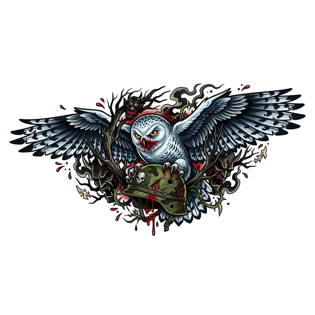 Тату эскиз: полярная сова раскрыв крлья хижно хватает военную каску