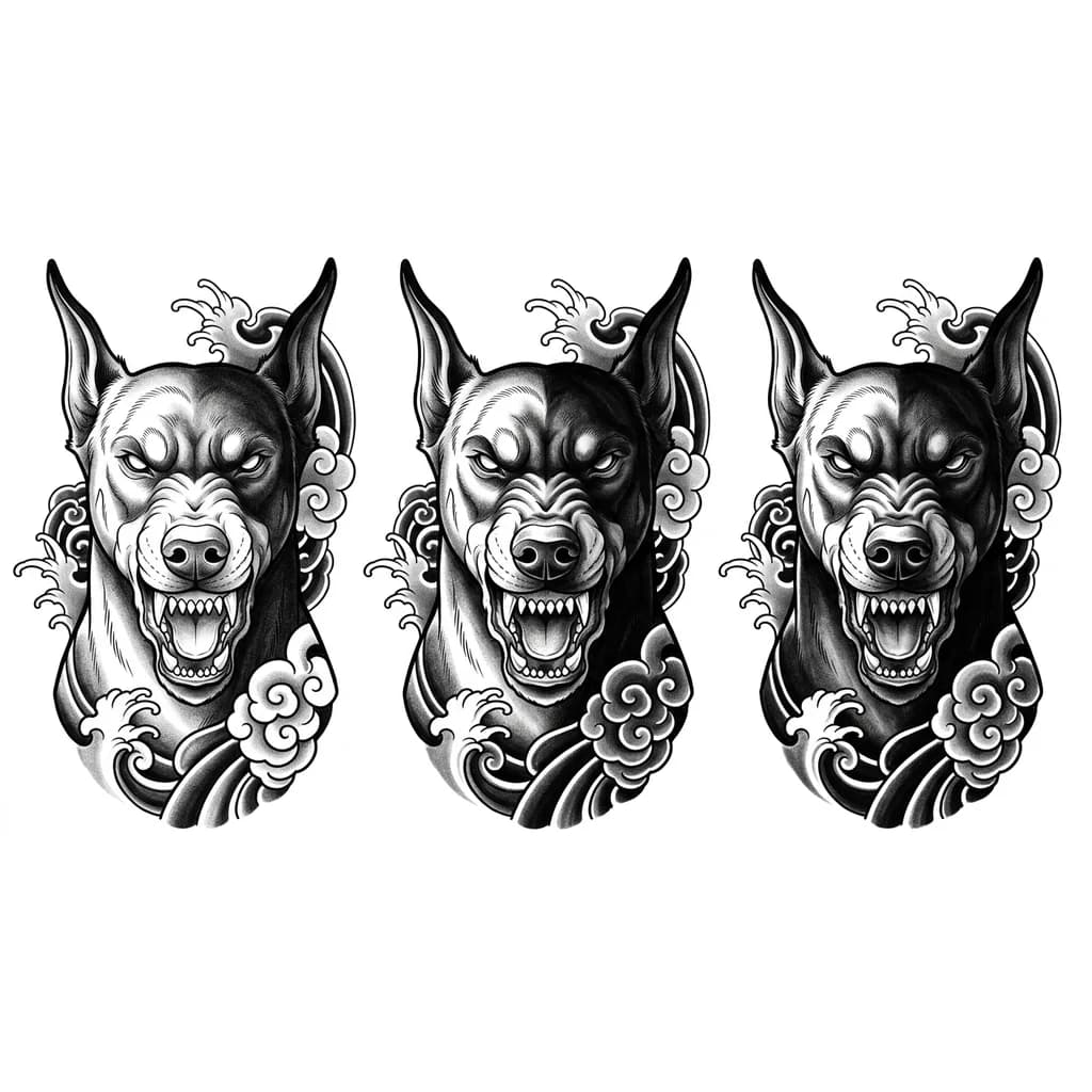 Тату эскиз: Массивная голова взрослого добермана крупным планом. Строго анфас. Пасть широко открыта в яростном оскале, видны клыки. Уши стоячие, взгляд агрессивный. Левая сторона морды ярко освещена, правая сторона тонет в глубокой, почти черной тени (драматичный боковой свет). Стиль: черно-белый, высокая контрастность, жесткие тени, объемный рисунок, фактура шерсти видна. Без фона.СТРОГО ДОЛЖНО БЫТЬ ВИДНО ДОБЕРМАНА ОТ ГОЛОВЫ ДО ГРУДИ !