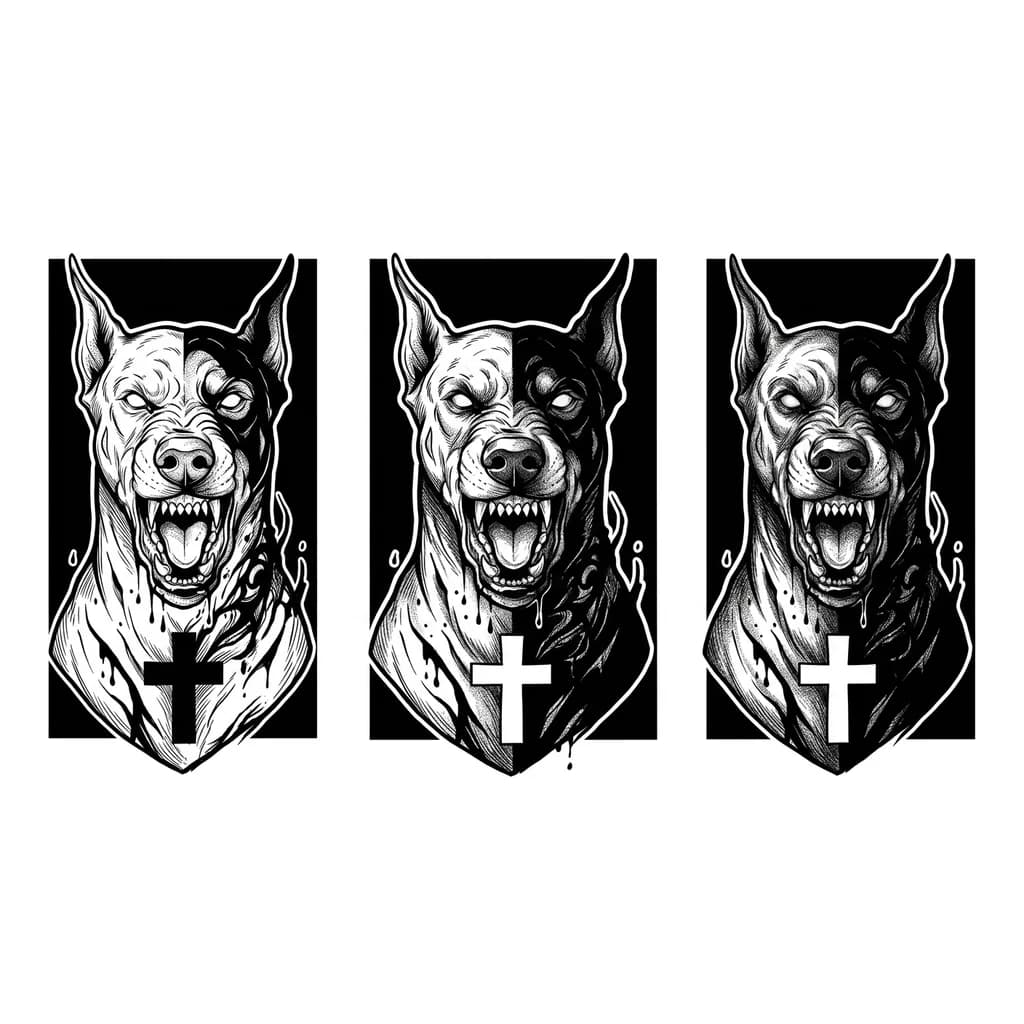 Тату эскиз: Доберман строго анфас, кадр по грудь. Пасть открыта, оскал, ярость. Свет слева: левая половина белая, правая — чёрная, без деталей. Чёткая граница света и тени. Стиль: чёрно-белый блэкворк, жёстко, объёмно, линии разные. Белый тонкий контур вокруг фигуры. Чёрный фон. Крест на груди, строго по центру — пустое место, вырезано.