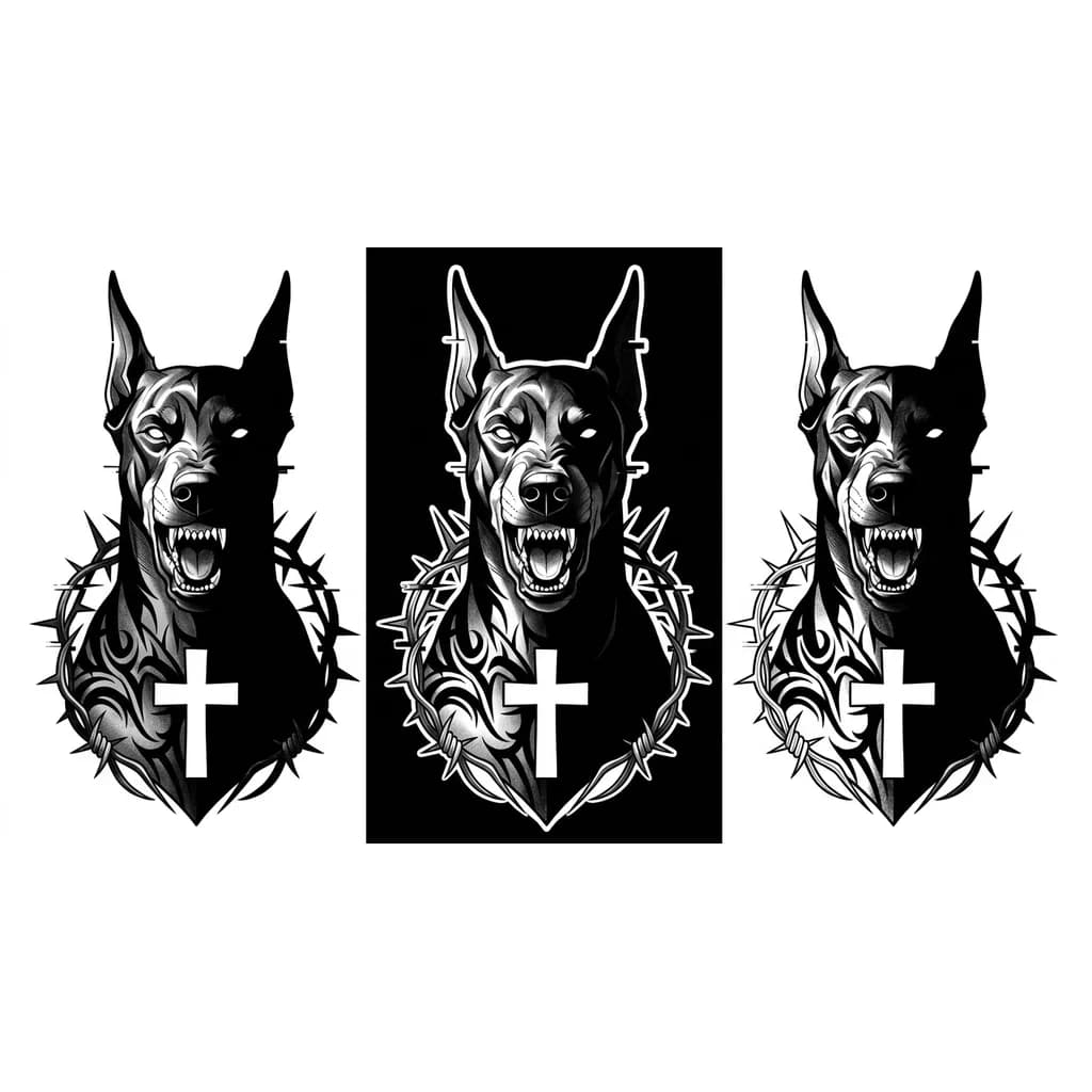 Тату эскиз: Доберман строго анфас, кадр по грудь. Пасть открыта, оскал, ярость. Очень яркий боковой свет слева. Левая половина морды и тела залита ярким светом. Правая половина — в глубокой абсолютно чёрной тени, деталей не видно. Стиль: чёрно-белый блэкворк, высокая контрастность. Белый тонкий контур вокруг фигуры. Чёрный фон. Крест на груди строго по центру — пустое пространство, вырезано.
