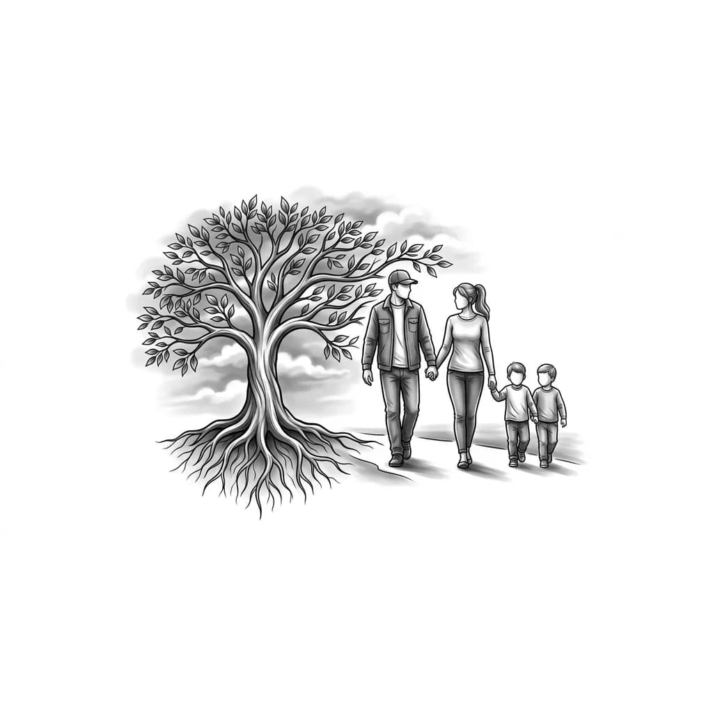 Тату эскиз: Слева древо жизни, на фоне облаков. По середине идут мужчина и женщина с двумя детьми 