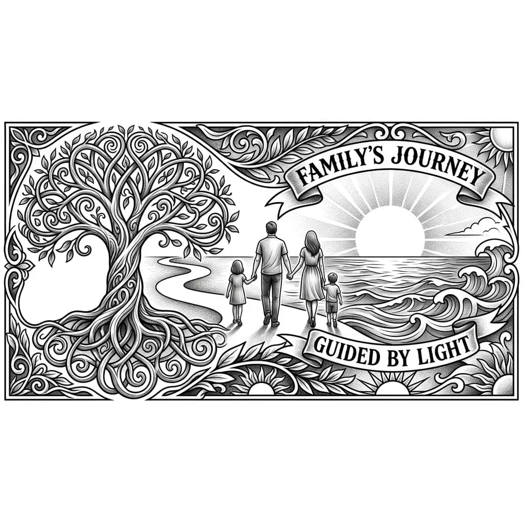 Тату эскиз: Слева древо жизни. По середине идут мужчина и женщина с двумя детьми  к морю и ярким солнцем. 