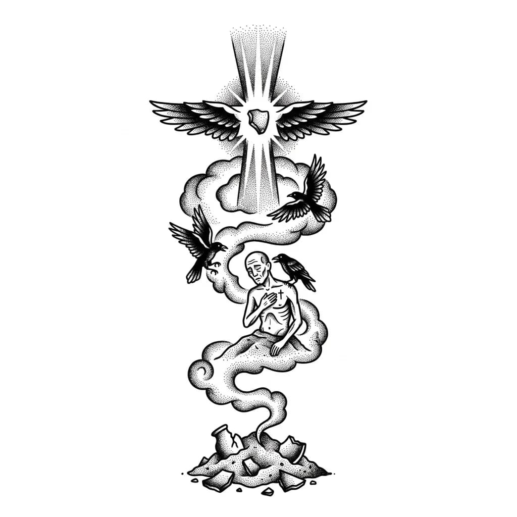 Тату эскиз: Blackwork dotwork forearm tattoo, vertical spiral composition. From bottom: pile of ash, broken pottery, smoke. Center: emaciated Job sitting on ash, hand over heart with tiny cross, straight spine. Three ravens: one on shoulder whispering, two circling in the spiral. The spiral tightens into a cross at the top: vertical beam of stippled light, horizontal beam made from expanding raven wings. A small potsherd floats in the cross center. Pure black ink, stippling and fine lines only, no grey, dyn