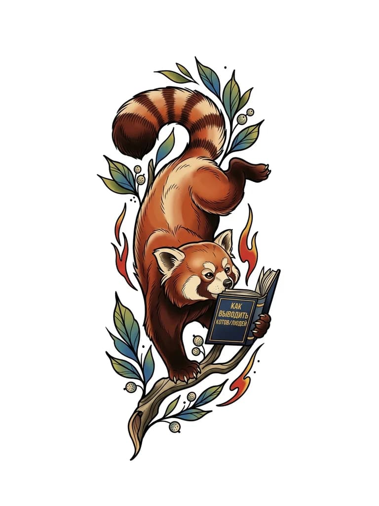 Тату эскиз: Красная панда стоит на одной лапе передней, т.е. хвостом в потолок и читает книгу, на которой написано: как выводить котов/людей 