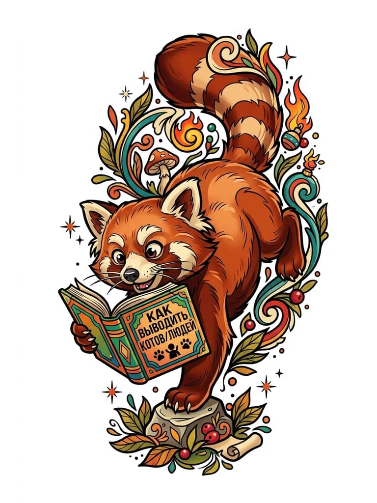 Тату эскиз: Красная панда стоит на одной лапе передней, т.е. хвостом в потолок и читает книгу, на которой написано: как выводить котов/людей 
