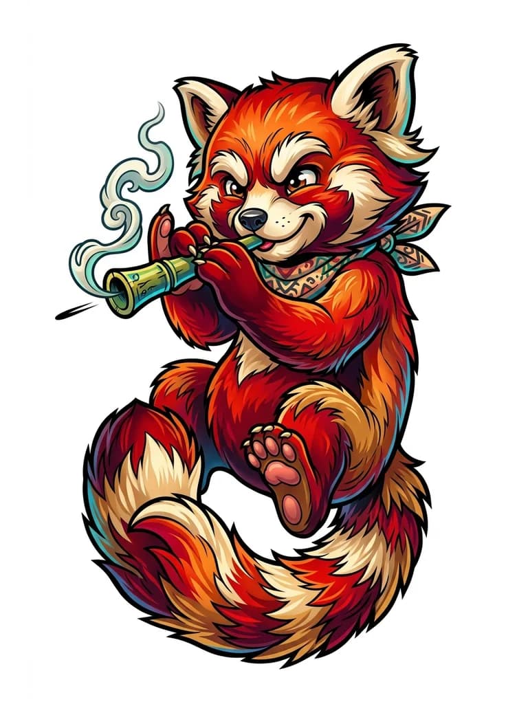 Тату эскиз: Красная панда в полуприседе, задние лапы слегка обернуты хвостом, в передних лапах короткая бамбуковая трубочка, поднесенная к губам. Типа как будто стреляет влево