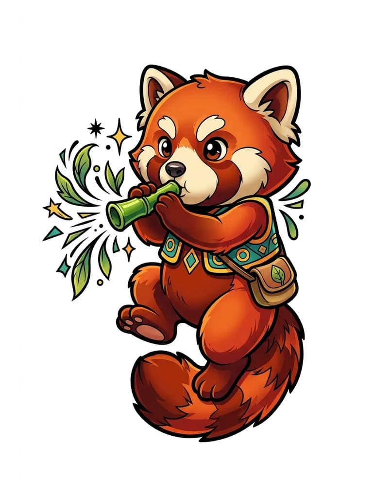 Тату эскиз: Красная панда в полуприседе, задние лапы слегка обернуты хвостом, в передних лапах короткая бамбуковая трубочка, поднесенная к губам. Типа как будто стреляет влево, сделать простой дизайн