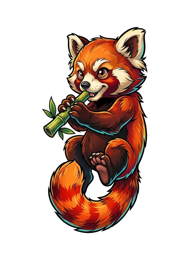 Тату эскиз: Красная панда в полуприседе, хвост слегка оборачивает задние лапы, в передних лапах короткая бамбуковая трубочка, поднесенная к губам. Типа как будто стреляет влево, сделать простой дизайн